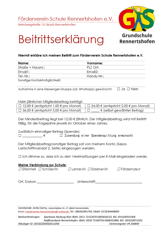 Formular Erwerb der Mitgliedschaft
