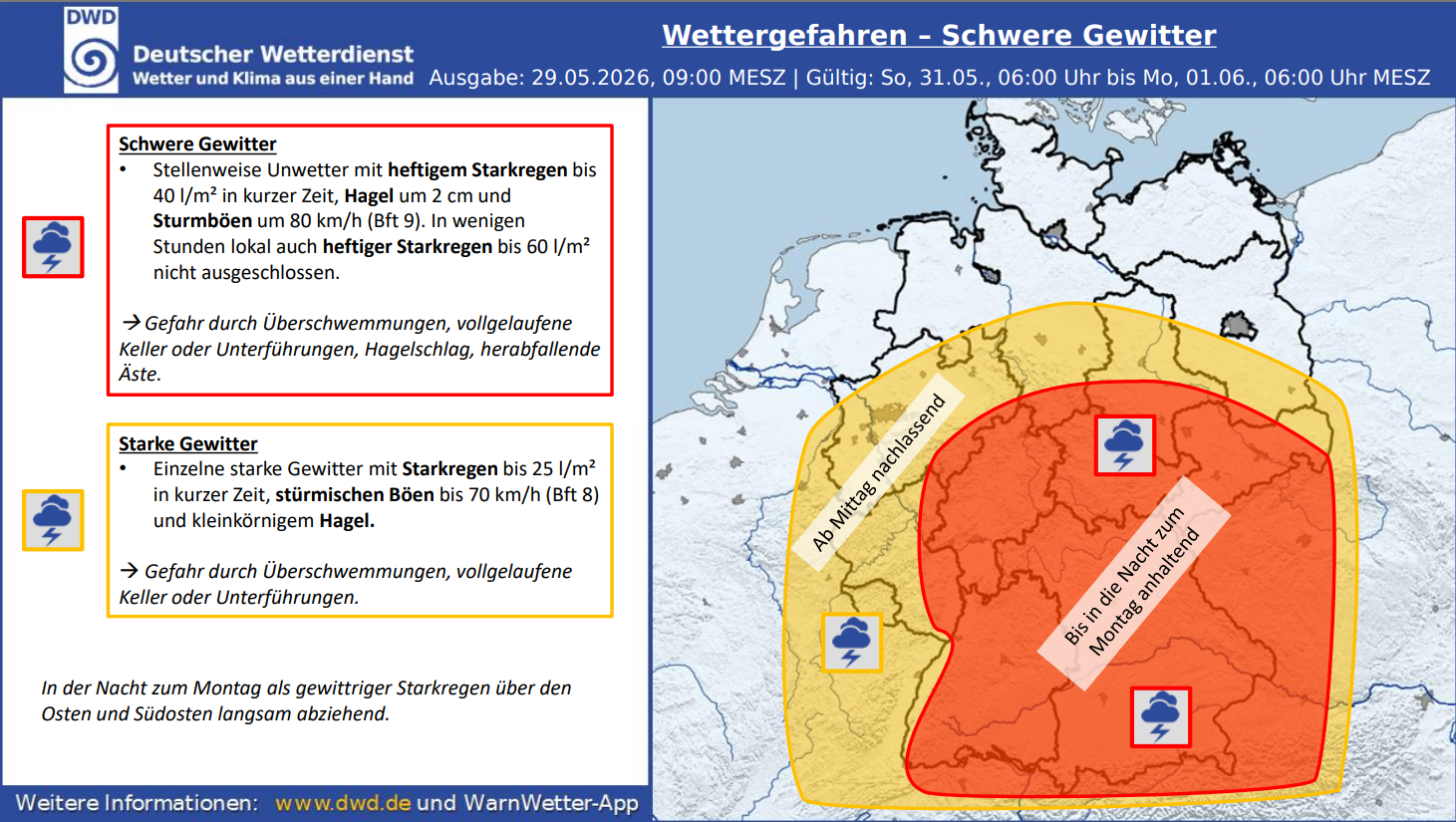 Hinweis des Deutschen Wetterdienstes auf Wettergefahren - Schwere Gewitter vom 31.05.2026 - 01.06.2026